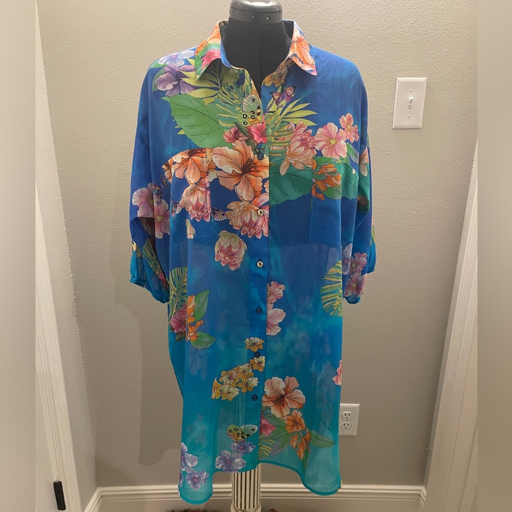 Johnny Was Silk and Cotton Floral Coverup or Dress in Blue, Green and Orange